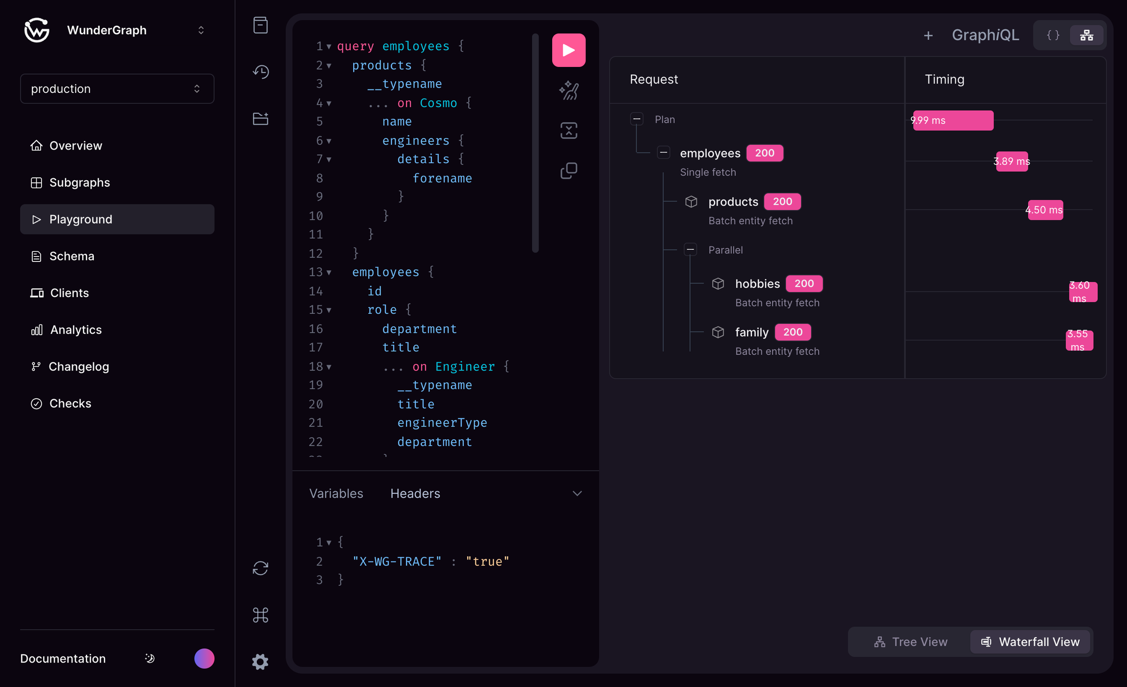 GraphiQL playground parallel queries for employees and products with timing visualization