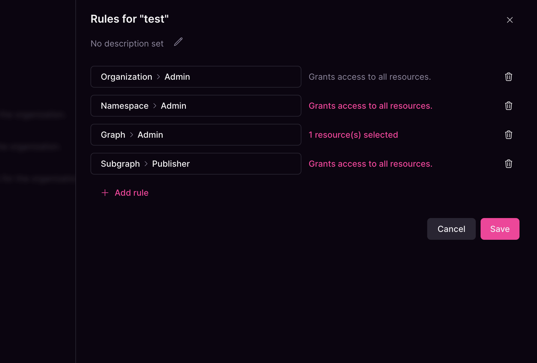 Cosmo Studio rule configuration screen for test and admin namespaces showing one selected rule.