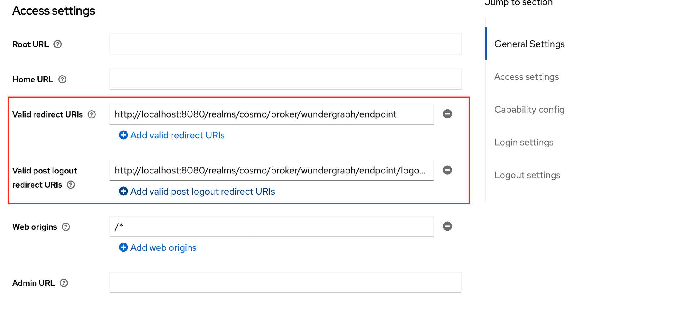 Access settings showing valid redirect and logout URLs fields