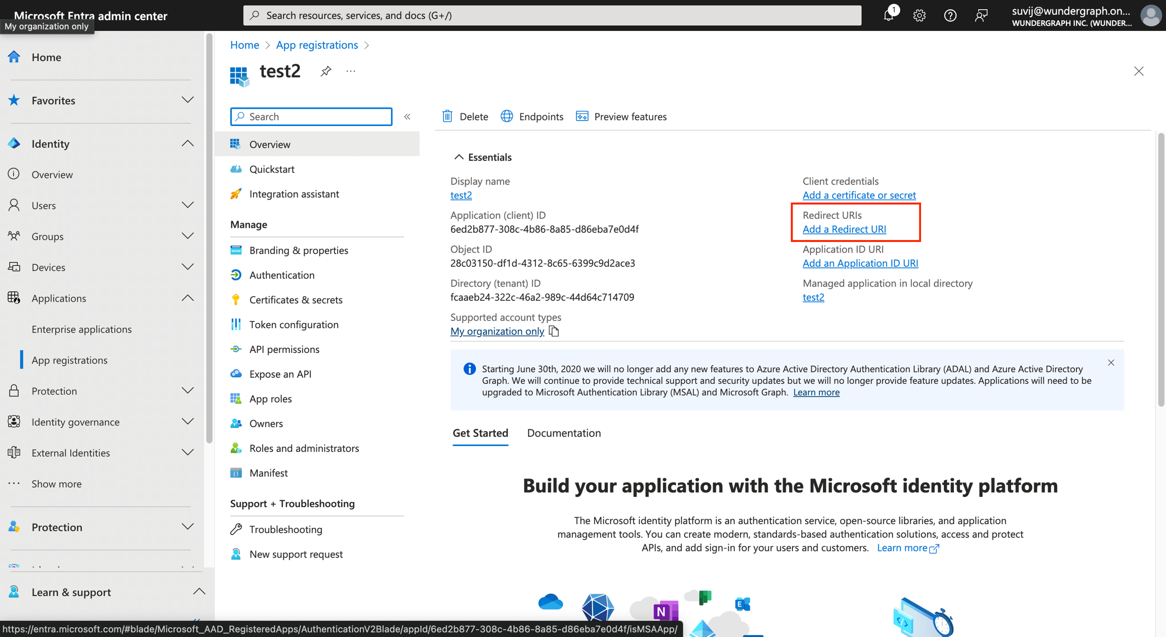 Azure AD registration page highlighting Add Redirect URI button