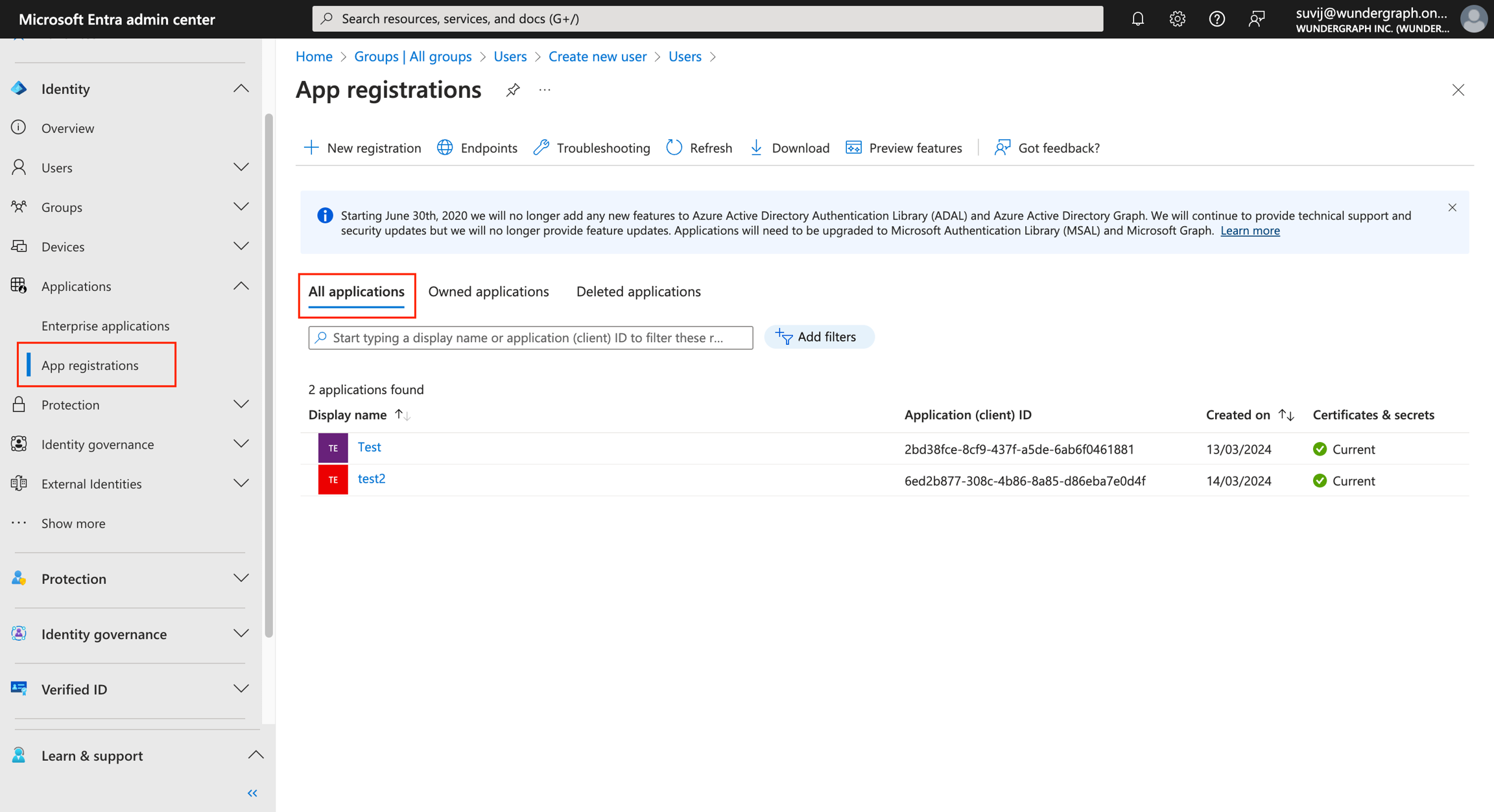 Microsoft Entra admin center listing registered apps “test” and “test2”