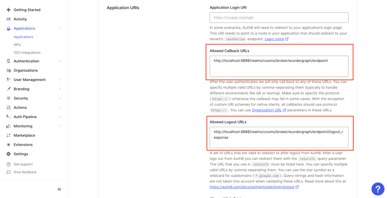 Application URI settings for callback and logout URLs in Cosmo Docs
