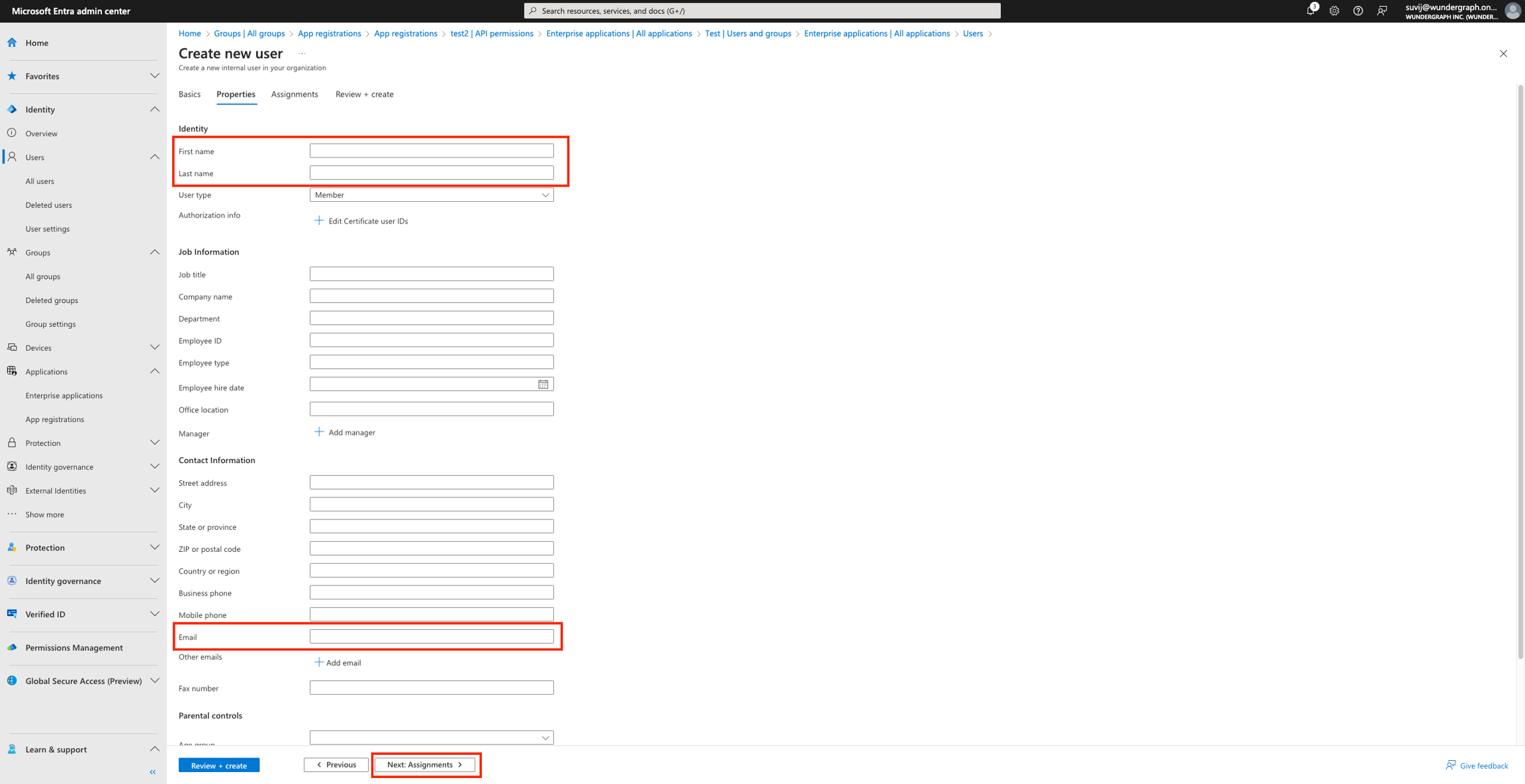 Microsoft Entra Identity section for new user creation with name and email fields