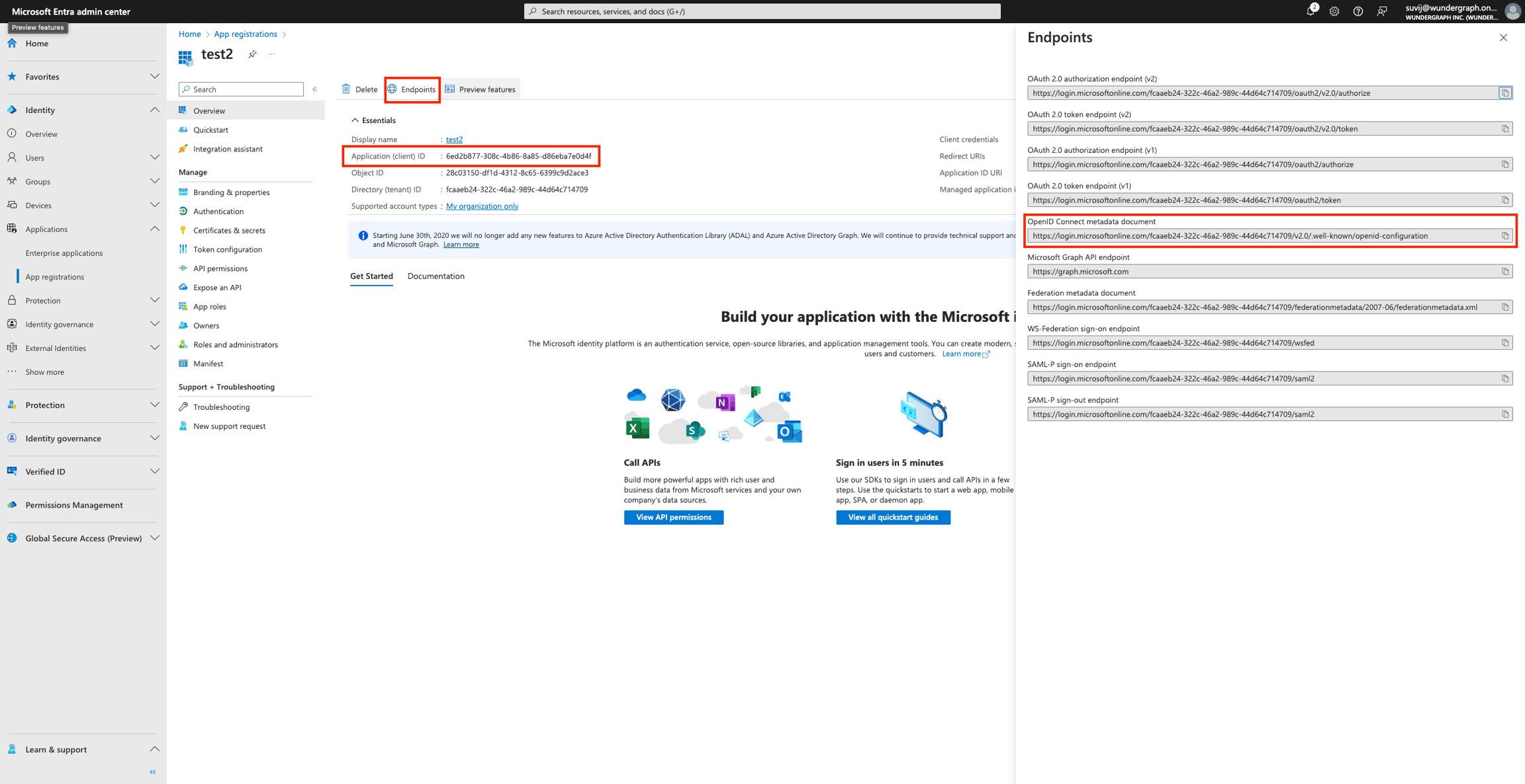 Endpoints section in Microsoft Entra highlighting OpenID Connect metadata document