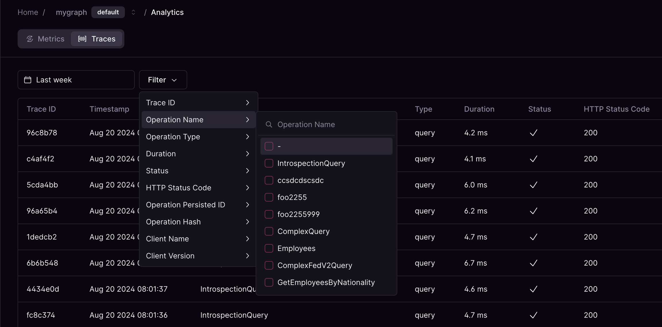 Trace list with operation metrics