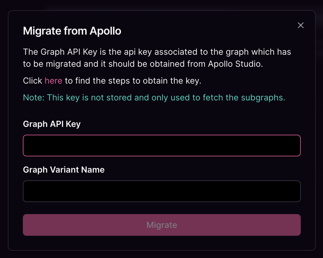 Cosmo Docs migration modal showing Graph API Key and Variant Name fields