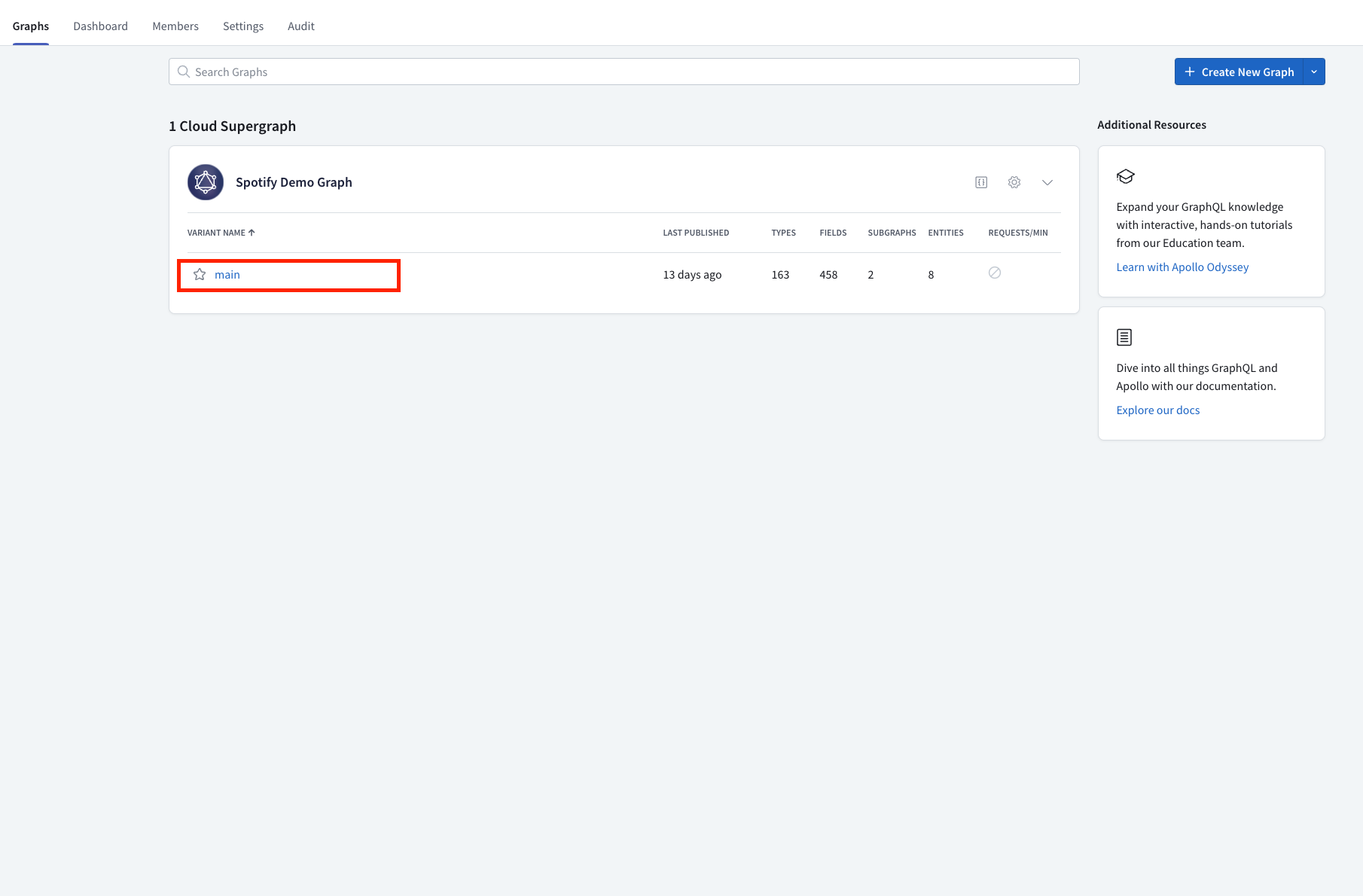 Cosmo Docs cloud supergraph section with main variant and graph search bar