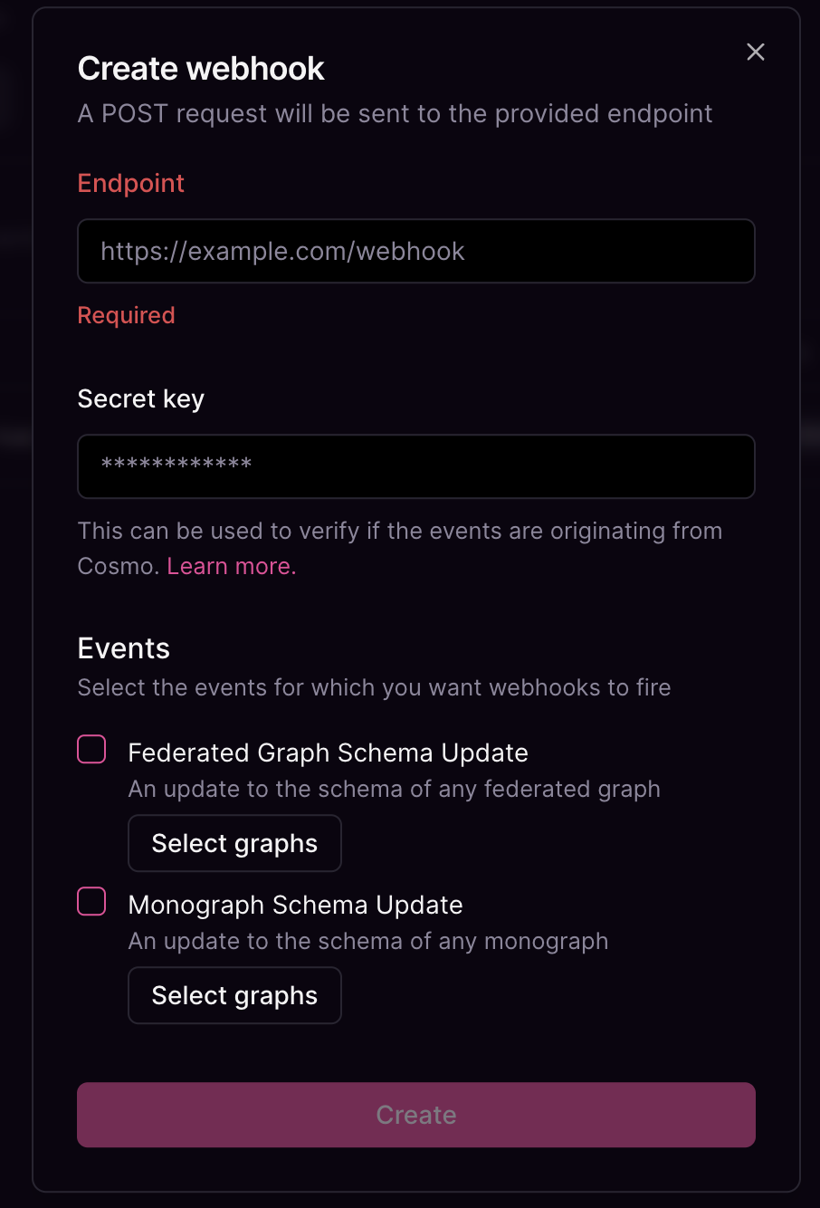 Create webhook dialog showing endpoint input, secret key, and schema update event selection.