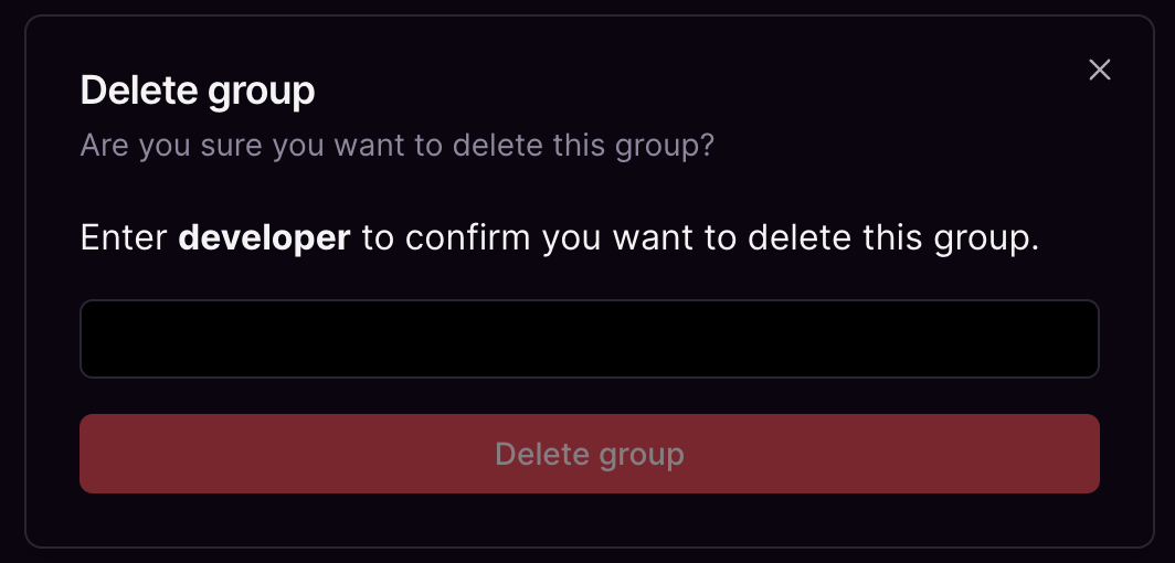 Confirmation dialog for deleting a group with password entry.
