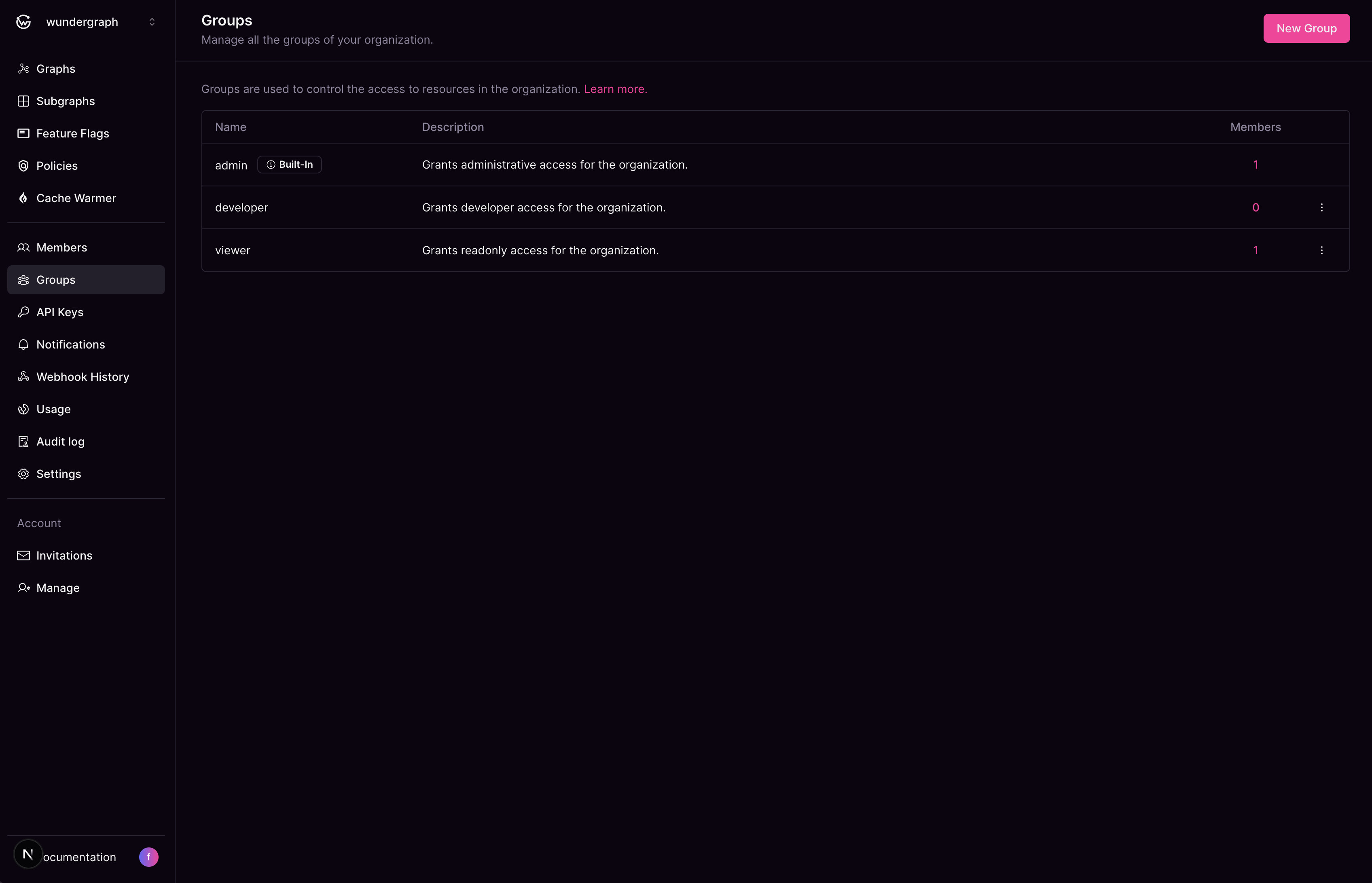 Cosmo Studio Groups page showing admin, developer, and viewer roles with member counts.