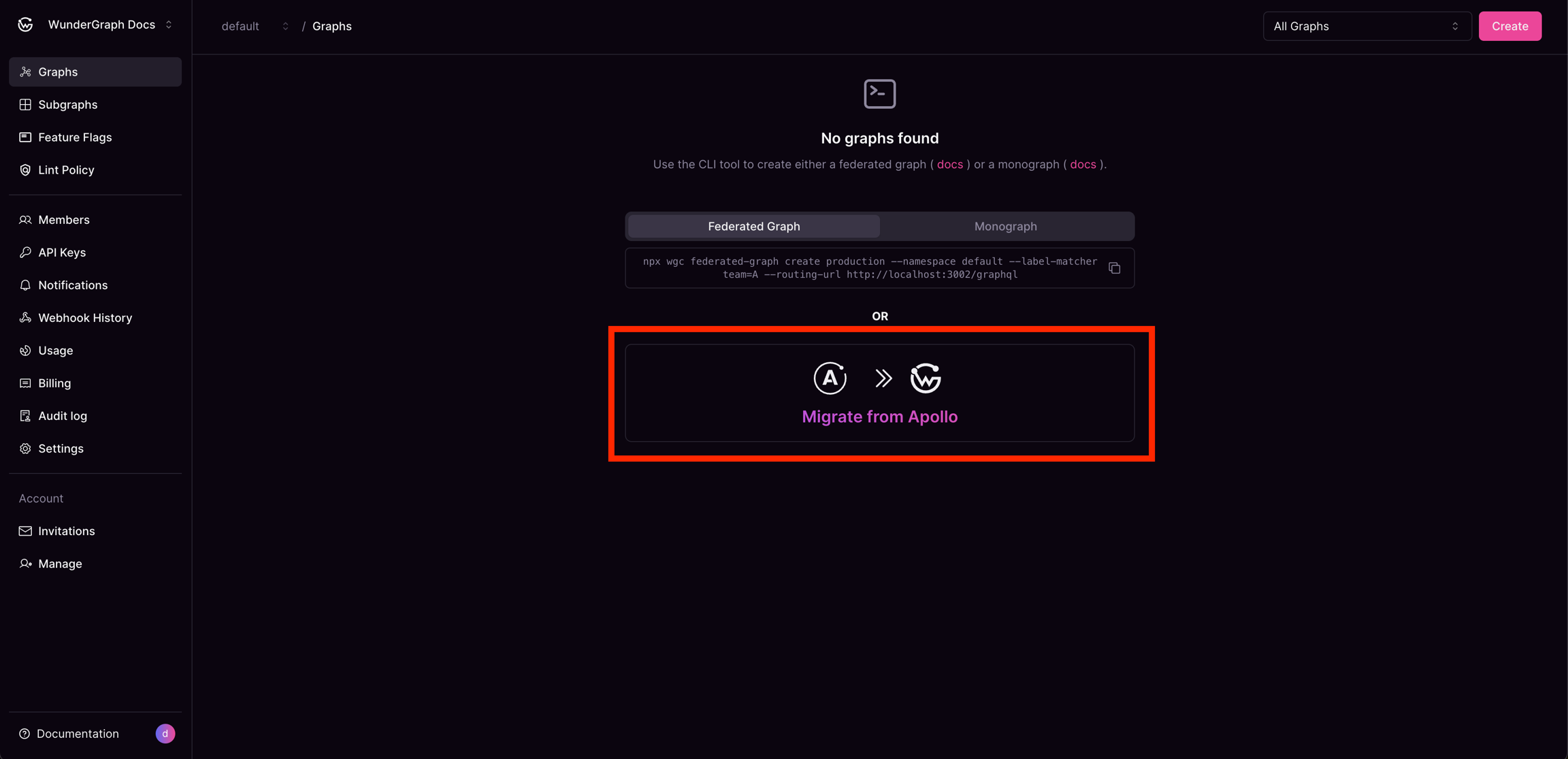 WunderGraph Docs showing no graphs found with option to migrate from Apollo