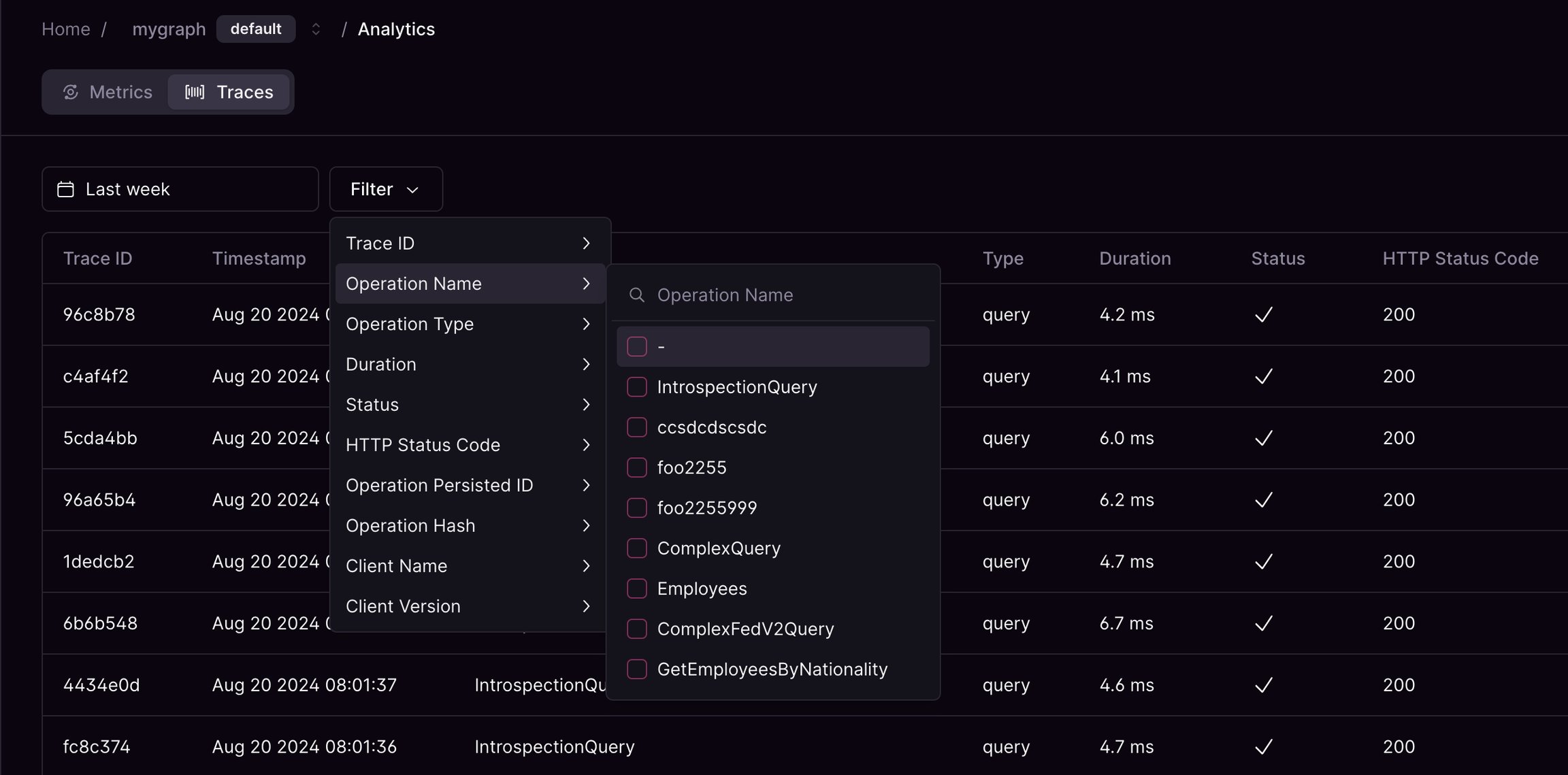 Trace list with operation metrics Trace list with operation metrics