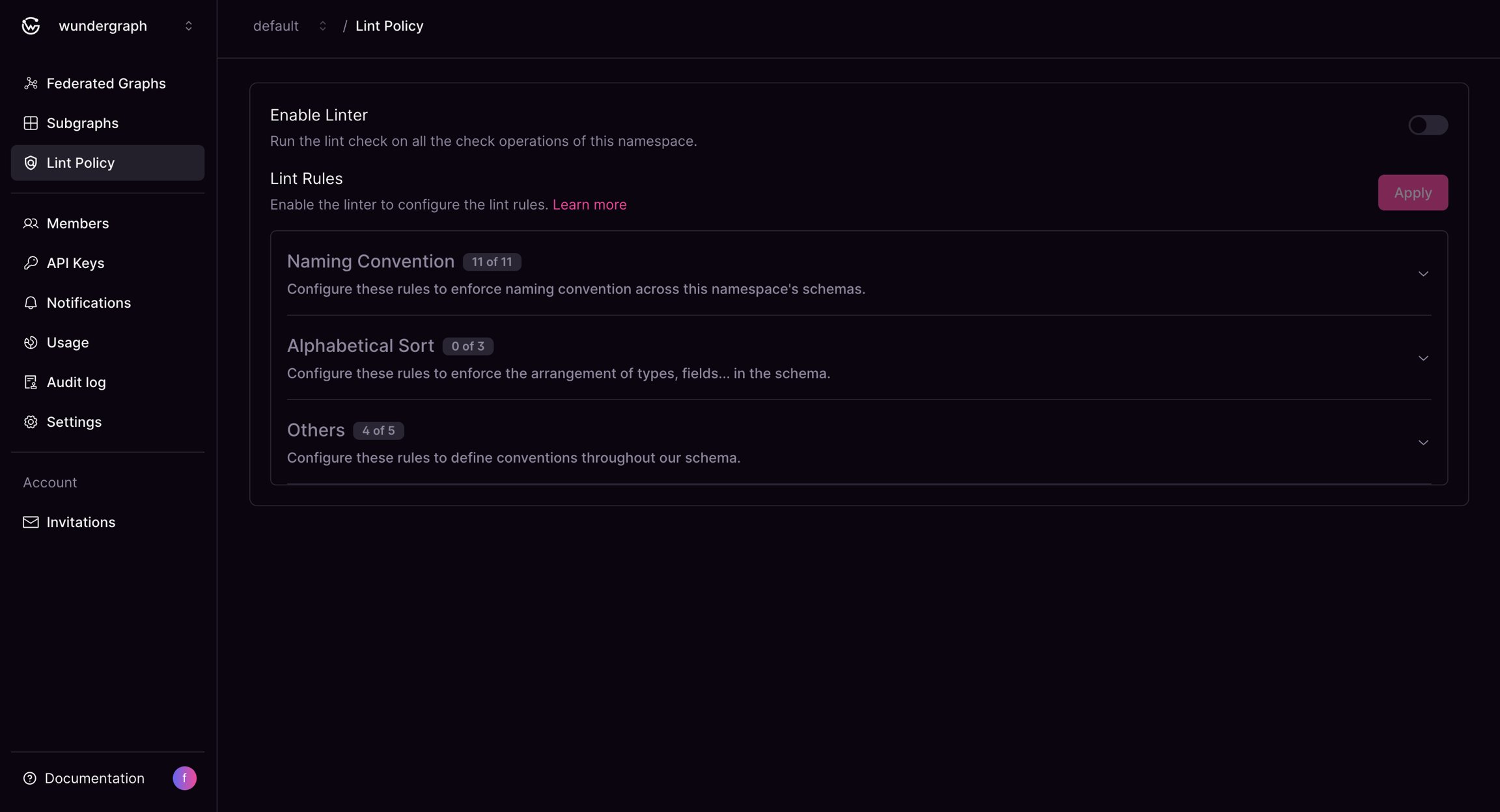 Lint Policy enabled with Apply option Lint Policy section showing Linter enabled and Apply button in Cosmo Docs
