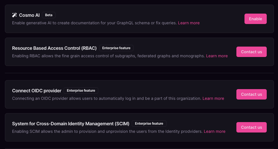 Organization settings with AI and RBAC Organization settings with options for generative AI documentation and RBAC controls