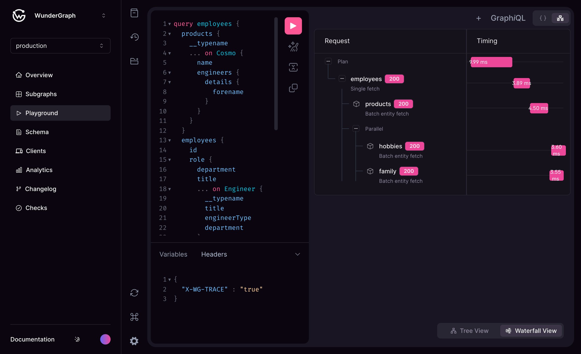 Parallel queries for employees and products GraphiQL playground parallel queries for employees and products with timing visualization