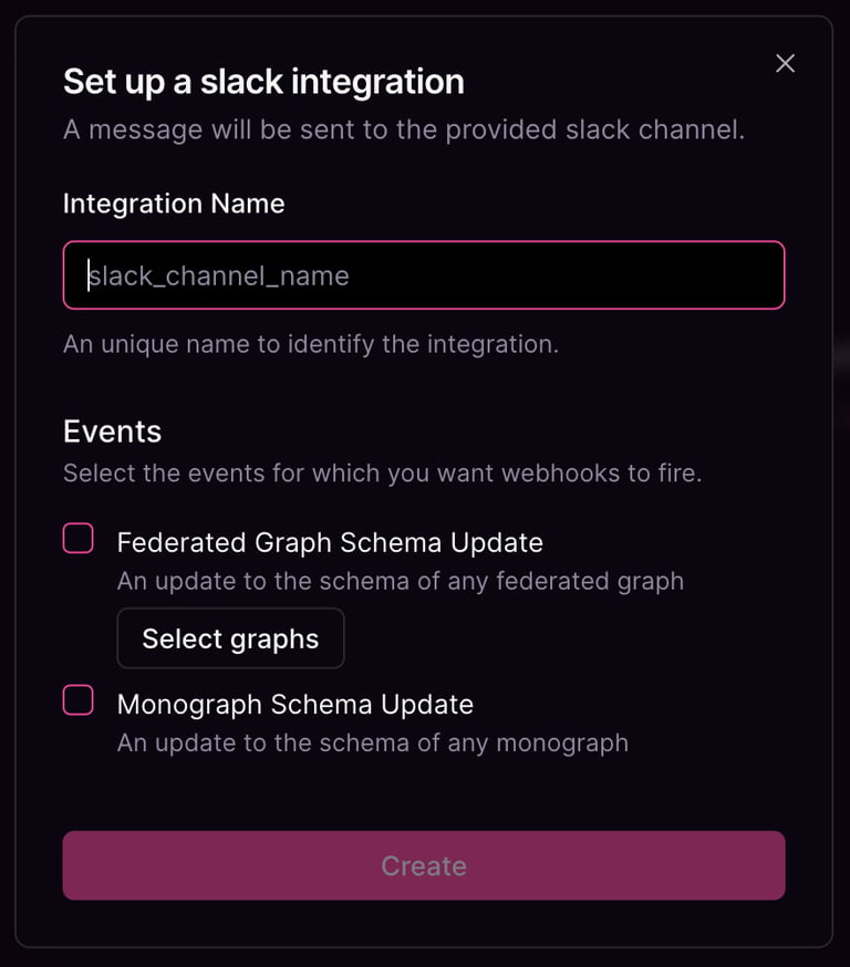 Slack integration for schema updates Create Slack integration for federated graph schema update events