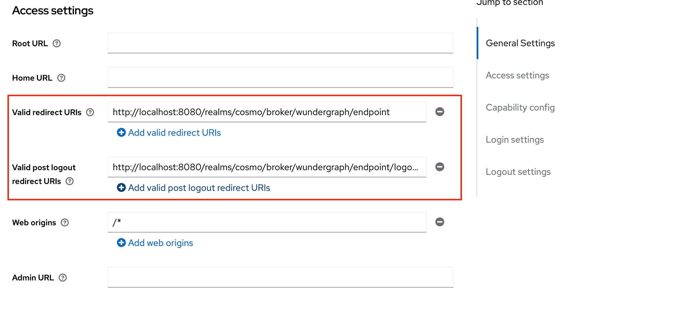 Access settings for redirect URLs Access settings showing valid redirect and logout URLs fields