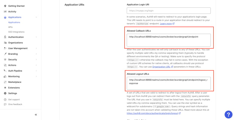 Application URI configuration Application URI settings for callback and logout URLs in Cosmo Docs