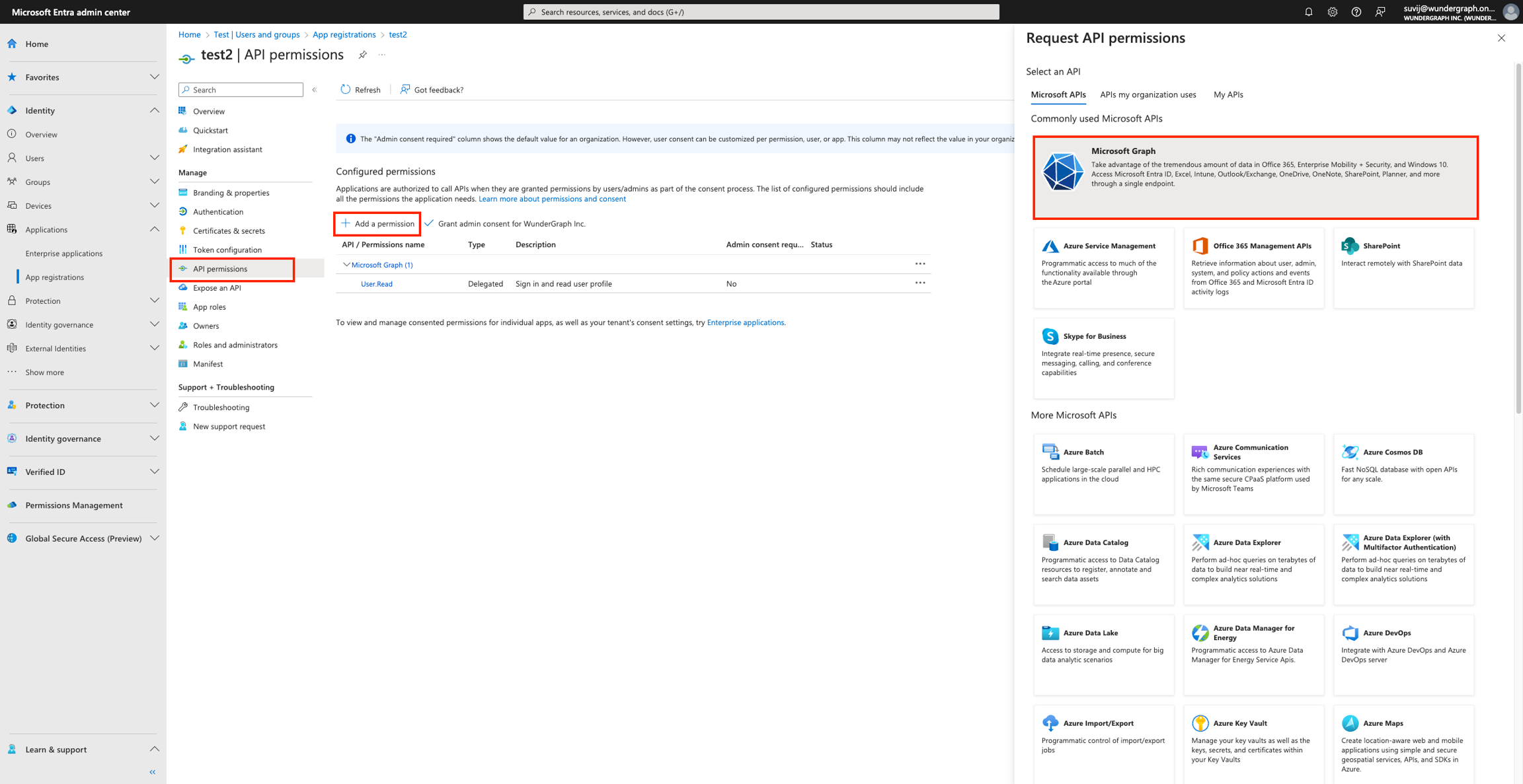 Microsoft Entra API permissions section for adding Microsoft Graph API access