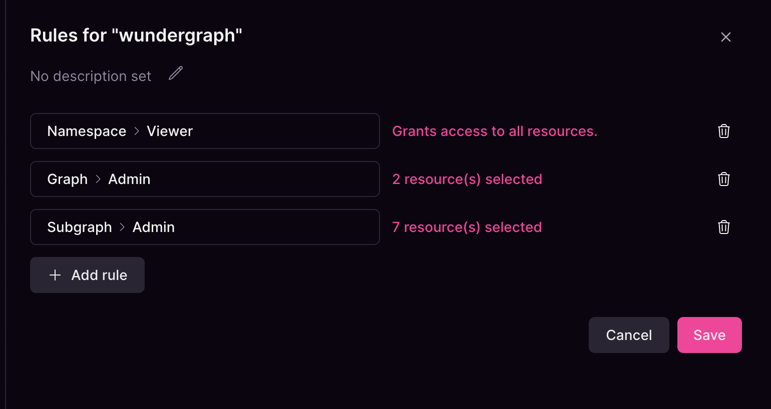 Cosmo Studio group configuration page showing viewer rules granting access to multiple resources.