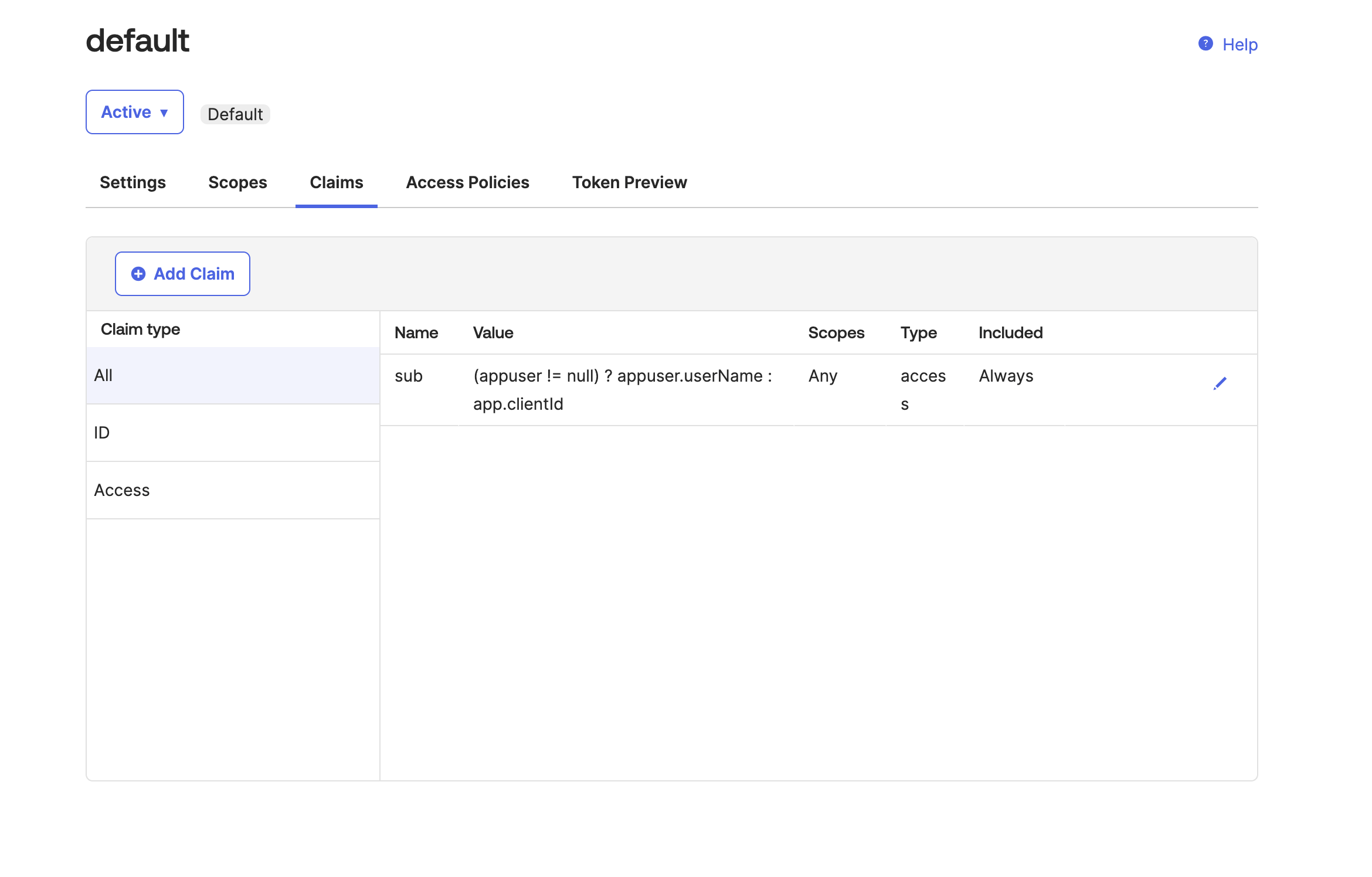 Access Policies section showing claims list and Token Preview button