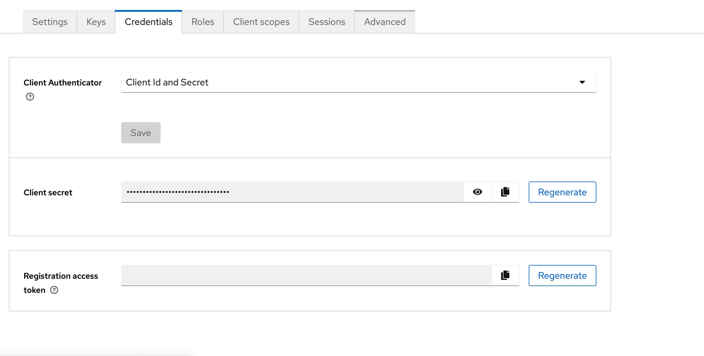 Client Authenticator with ID and secret Client Authenticator settings showing client ID, secret, and regenerate option