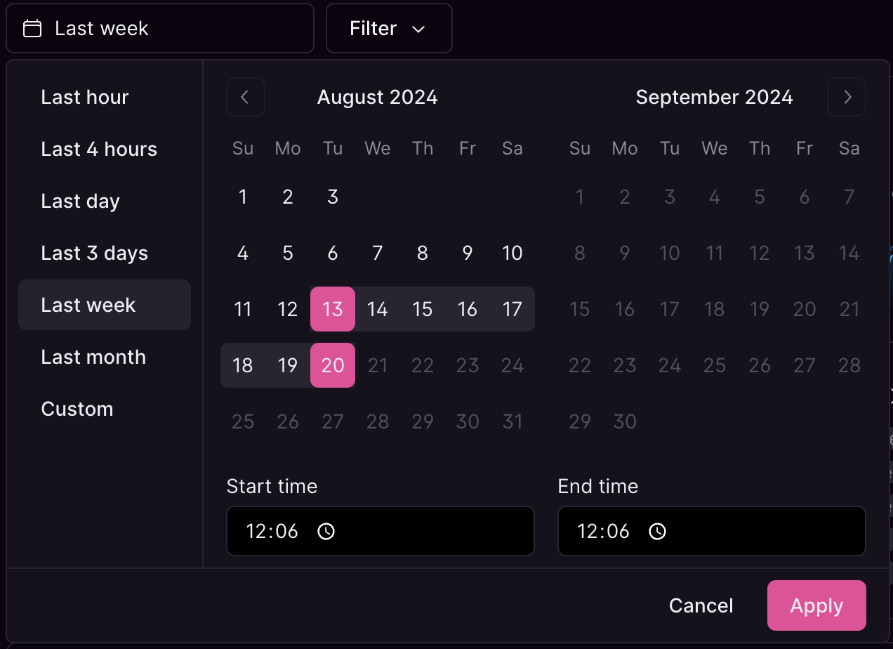 Calendar filter for event time ranges