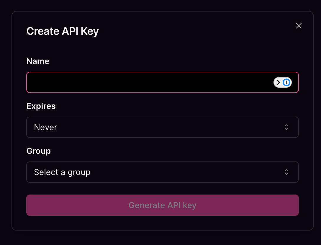 Create API key dialog with fields for name, expiry, and group selection.