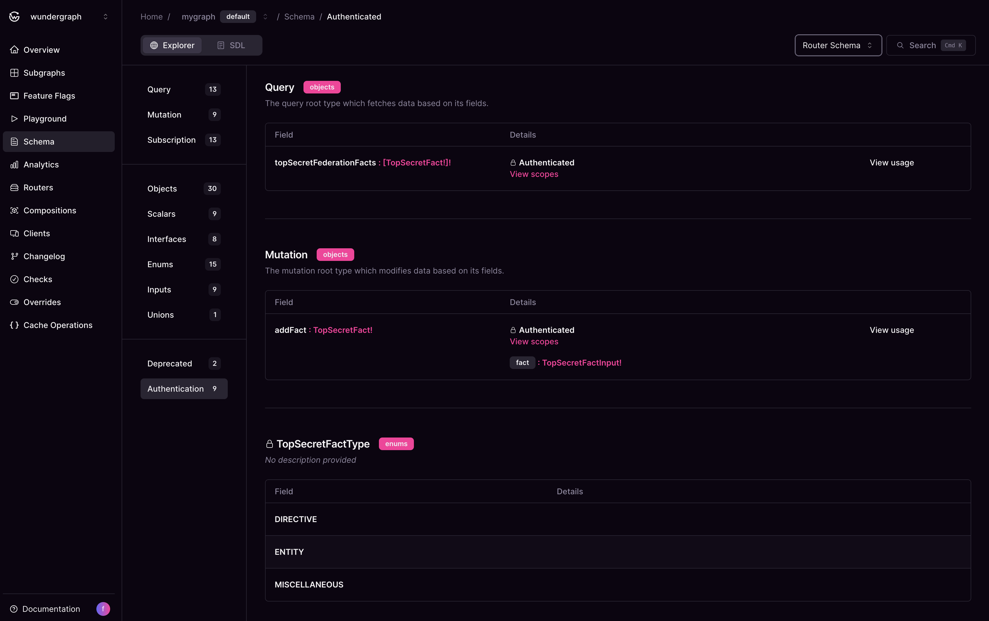 Cosmo Studio view listing authenticated schema fields and types in the router schema.