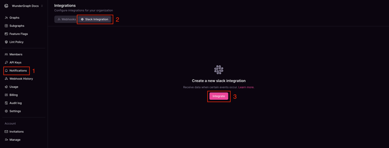 Create Slack integration in Integrations section of Cosmo Docs