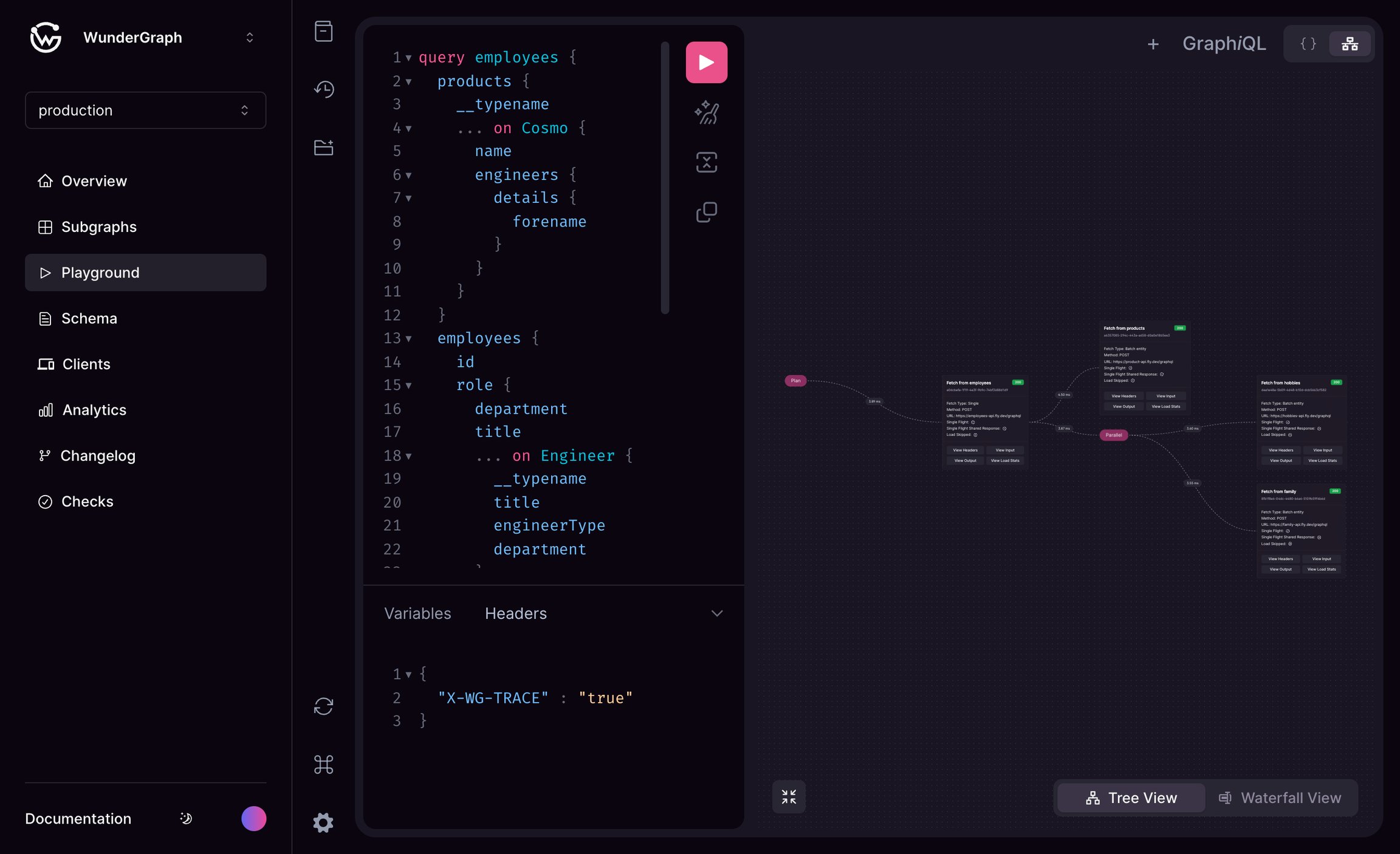 Employee query in GraphiQL playground GraphiQL playground employee query with data visualization in WunderGraph