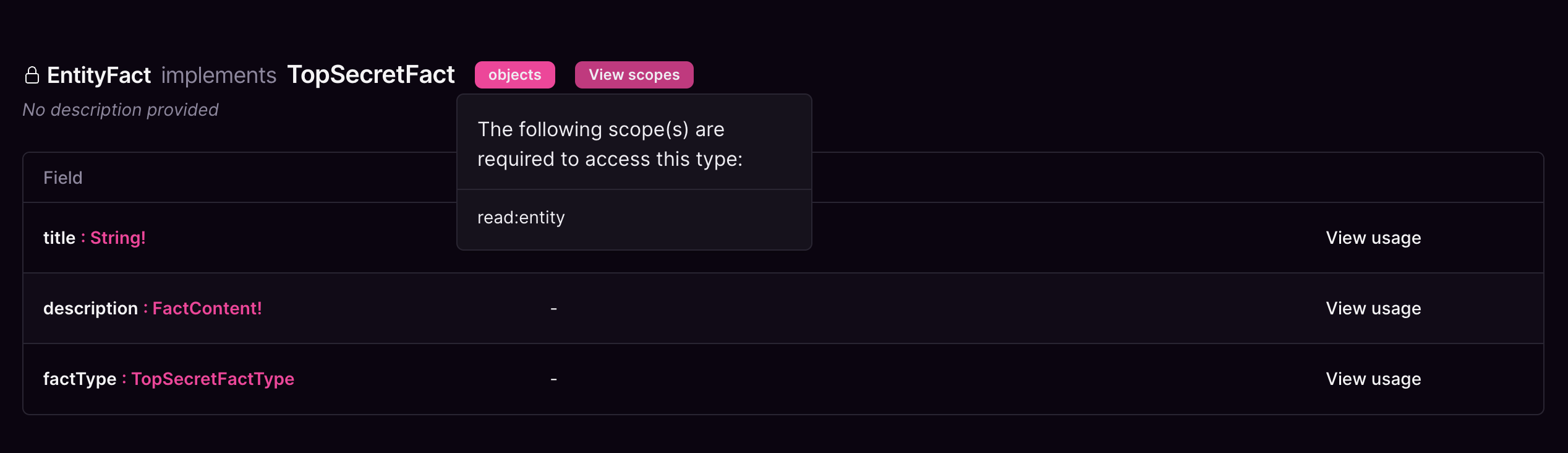 Cosmo Studio field details for FactContent tyspe with read:entity access scope.