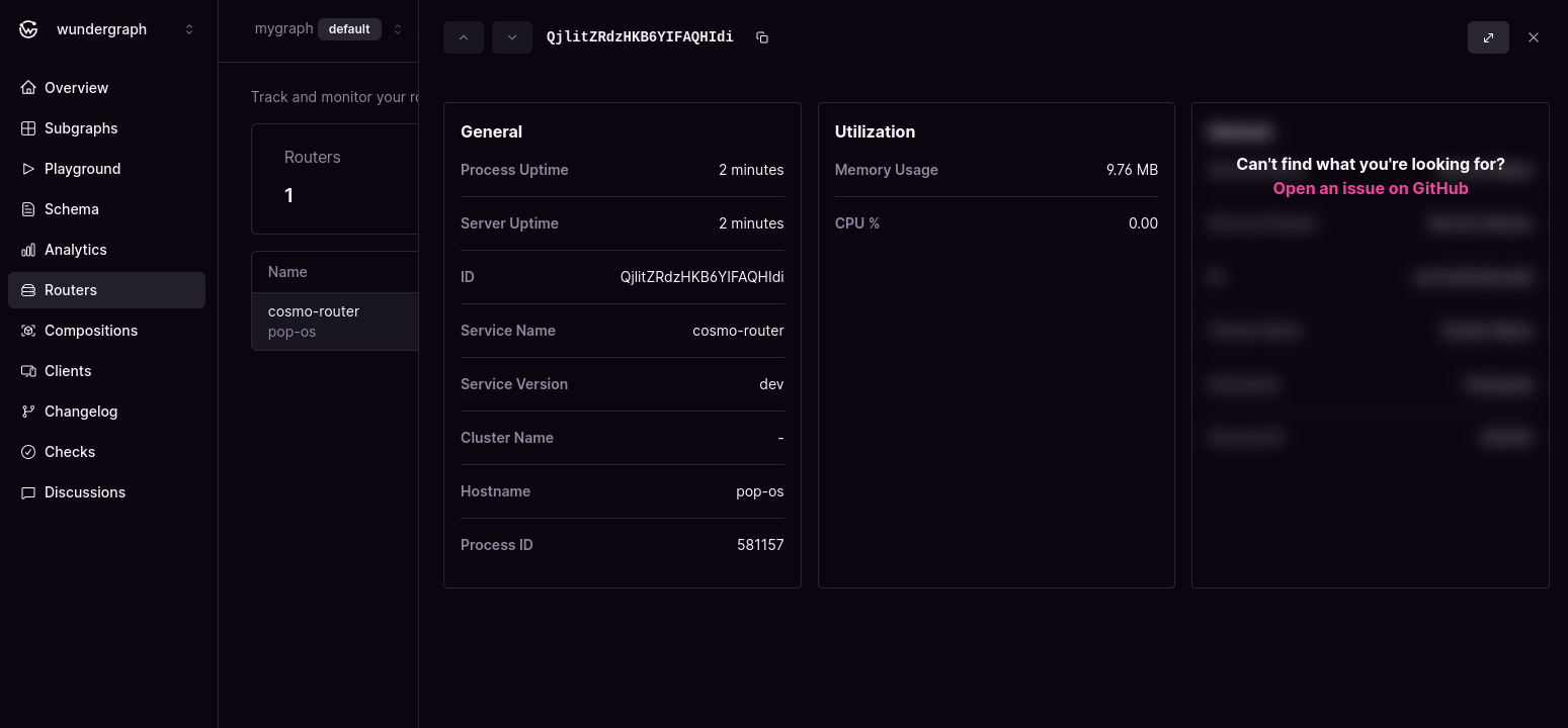 Router details view showing uptime, memory, and CPU usage in Cosmo Docs