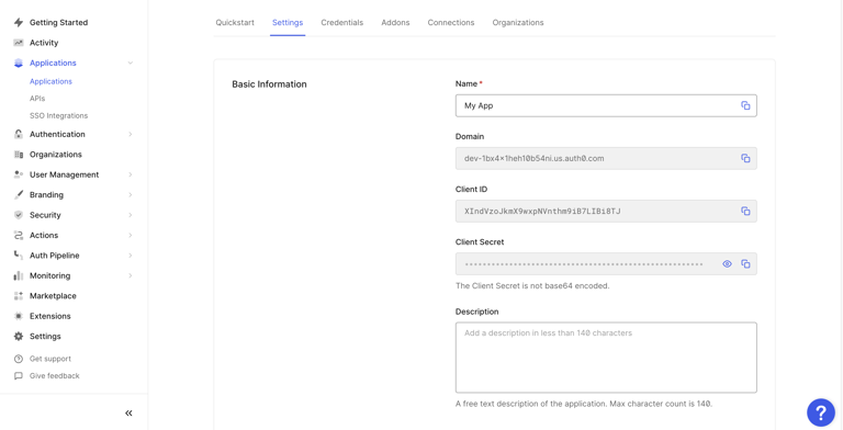 Basic Information section showing app name My App and development domain