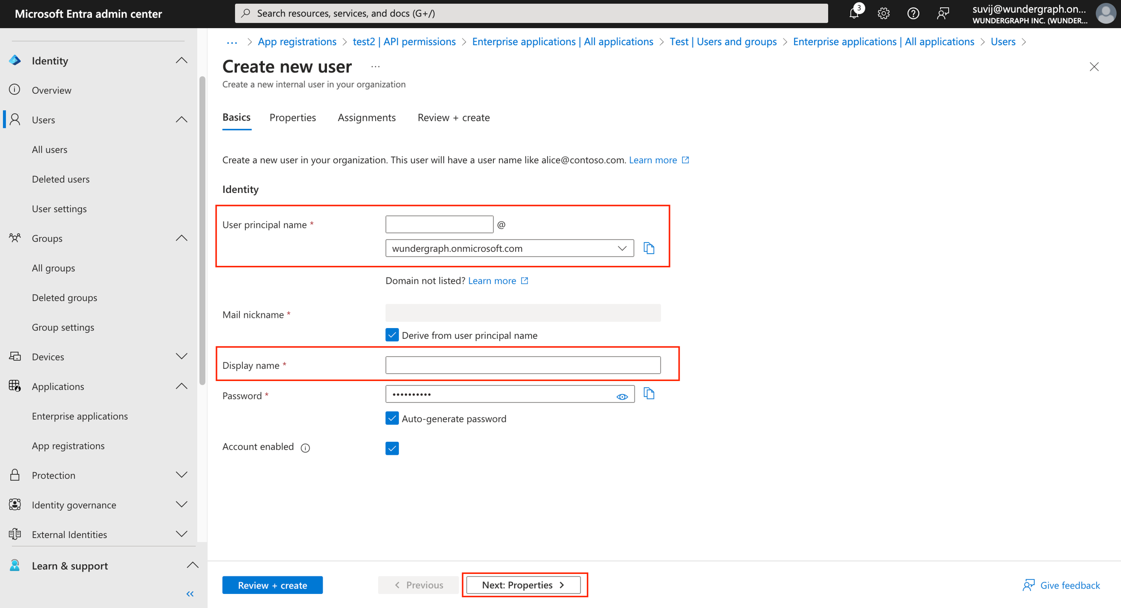 Create new user dialog in Microsoft Entra with principal name and display fields