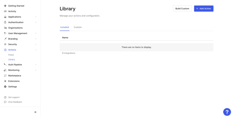 Cosmo Docs library page showing no installed actions or configurations