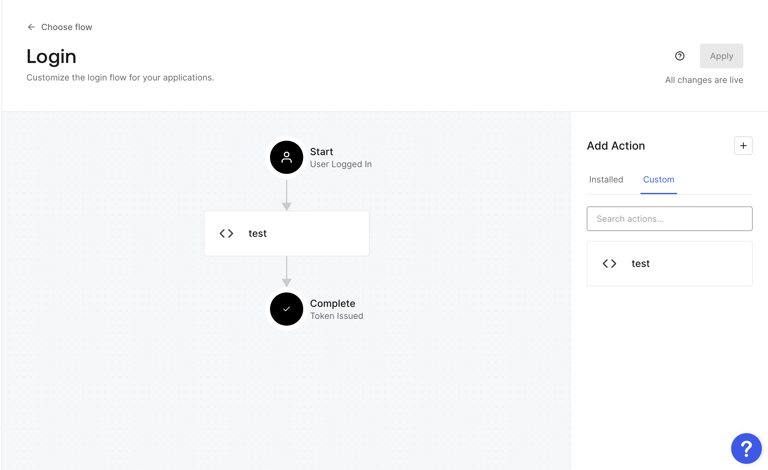 Login flow customization showing Start, test, and Complete actions