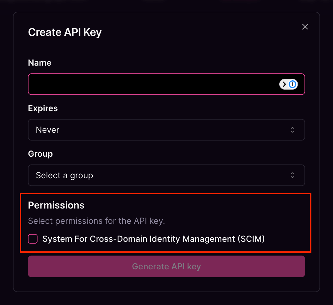 Create API Key dialog Cosmo Studio Create API Key dialog showing fields for name, expiry, group, and a permissions section for SCIM.