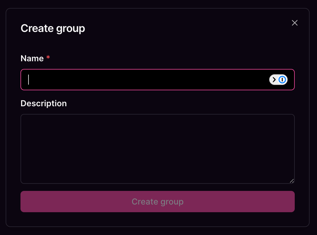 Create group dialog with name, description, and create button.