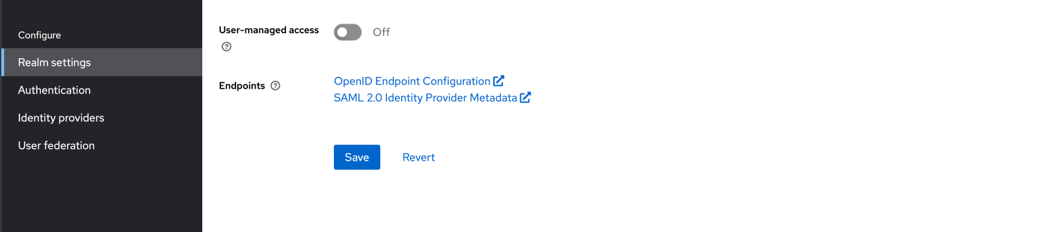 OpenID and SAML metadata settings OpenID and SAML metadata settings with user-managed access turned off