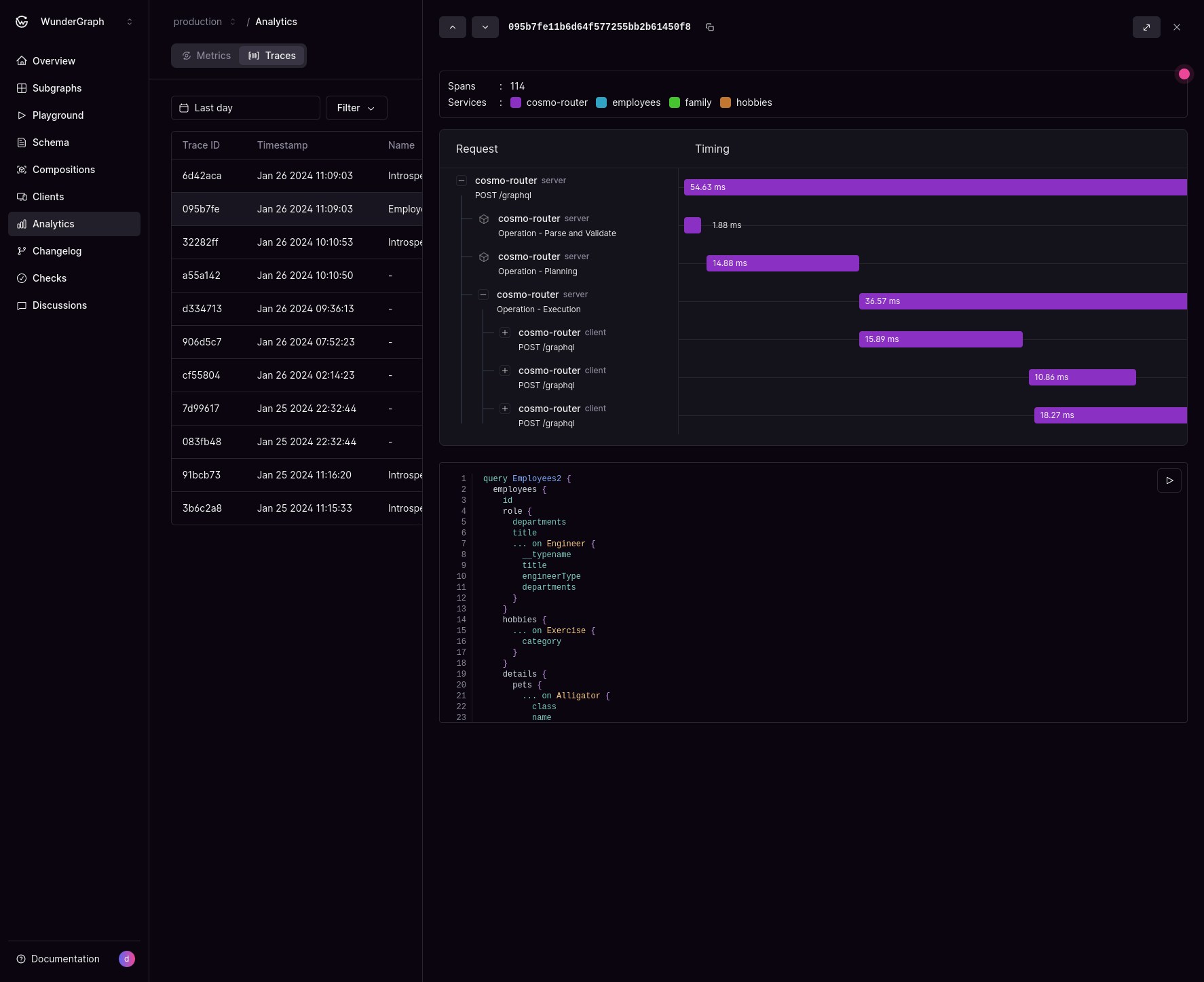 Cosmo Studio showing GraphQL trace spans with timing breakdown for planning and execution phases.