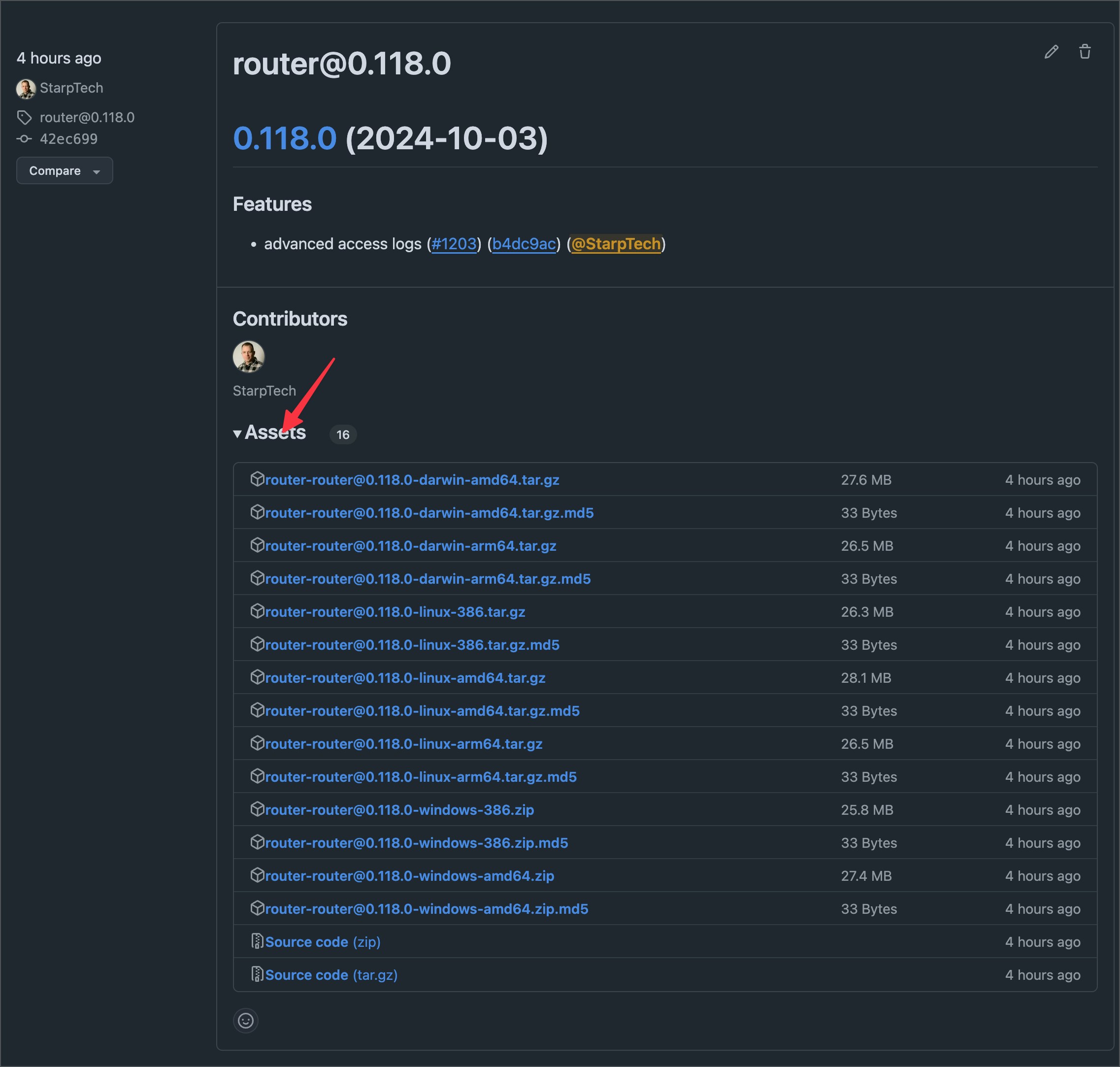 Router release page with downloadable binaries under Assets. GitHub release page showing the router version with the expandable Assets section highlighted.