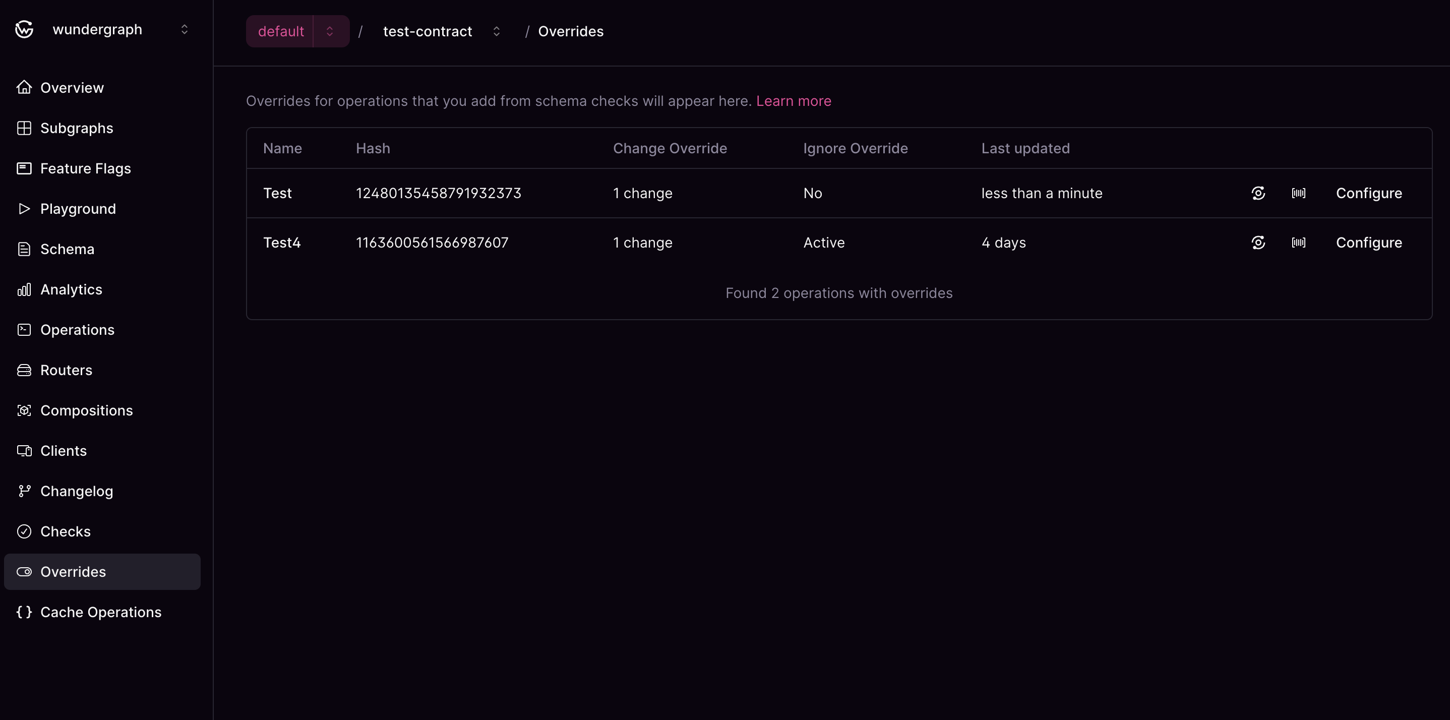 Operations with overrides list Operations with overrides showing change overrides and ignore operation status