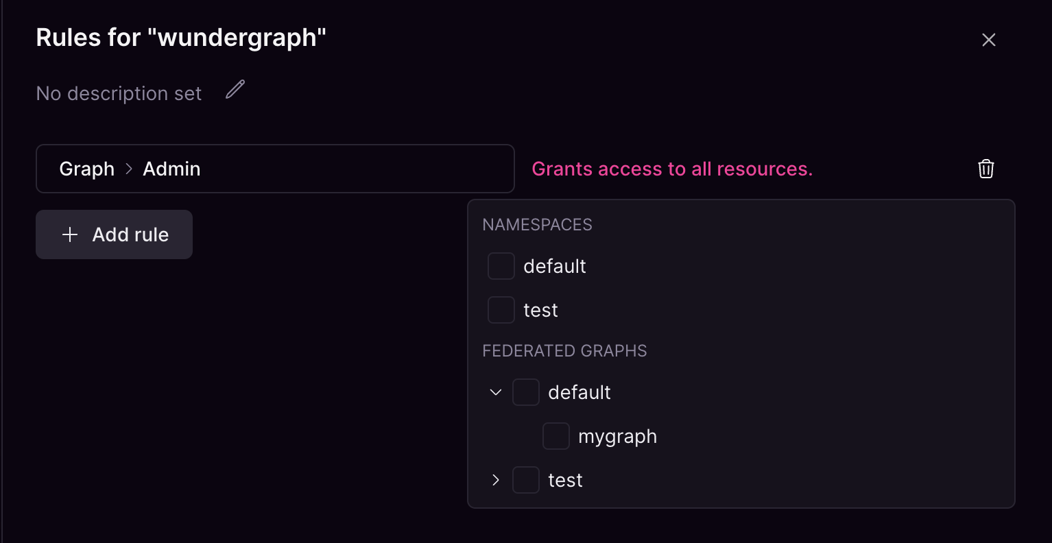 Rule granting full access to resources Cosmo Studio graph resource selector showing default and test namespaces with full access permissions.