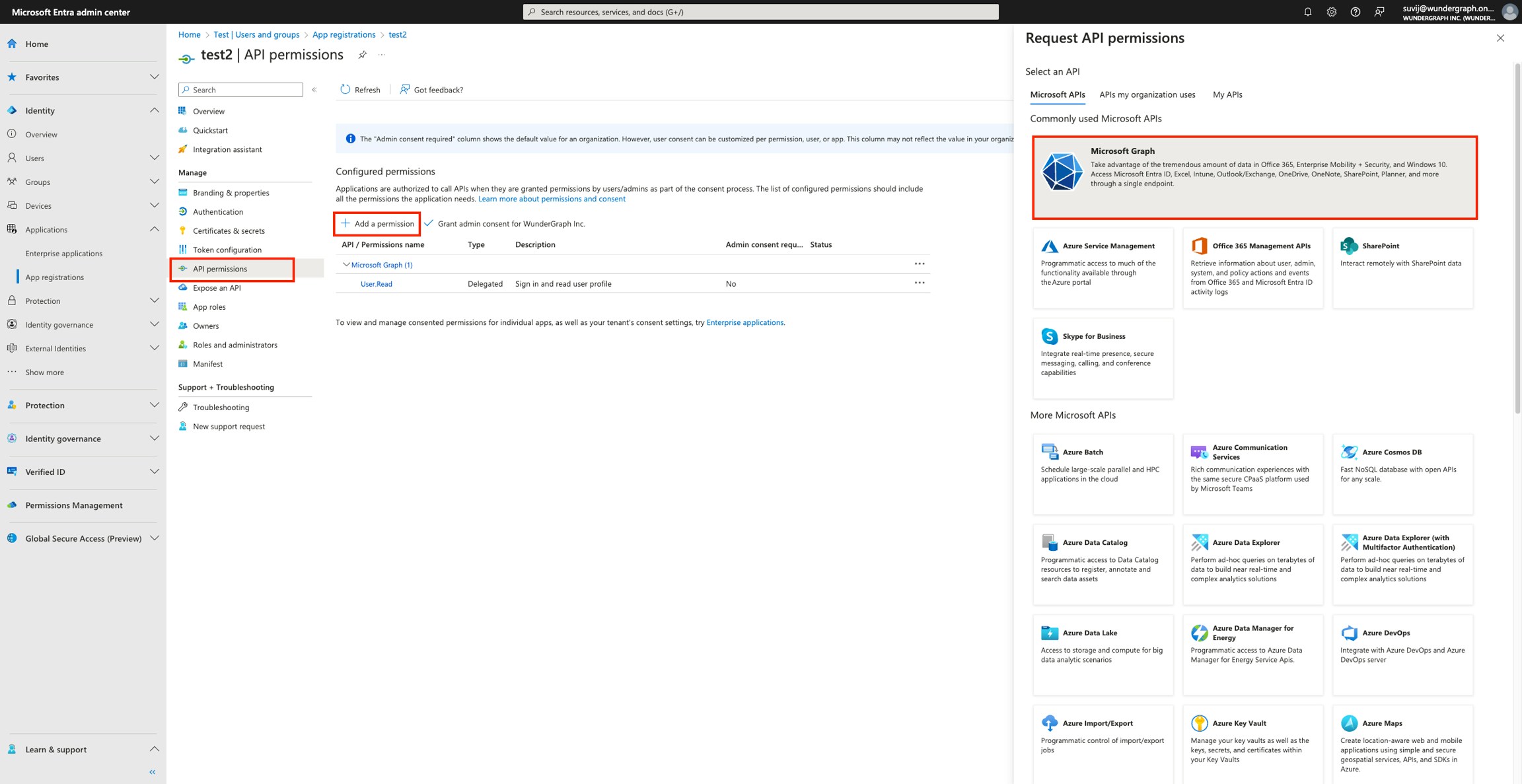 Add Microsoft Graph API permissions Microsoft Entra API permissions section for adding Microsoft Graph API access