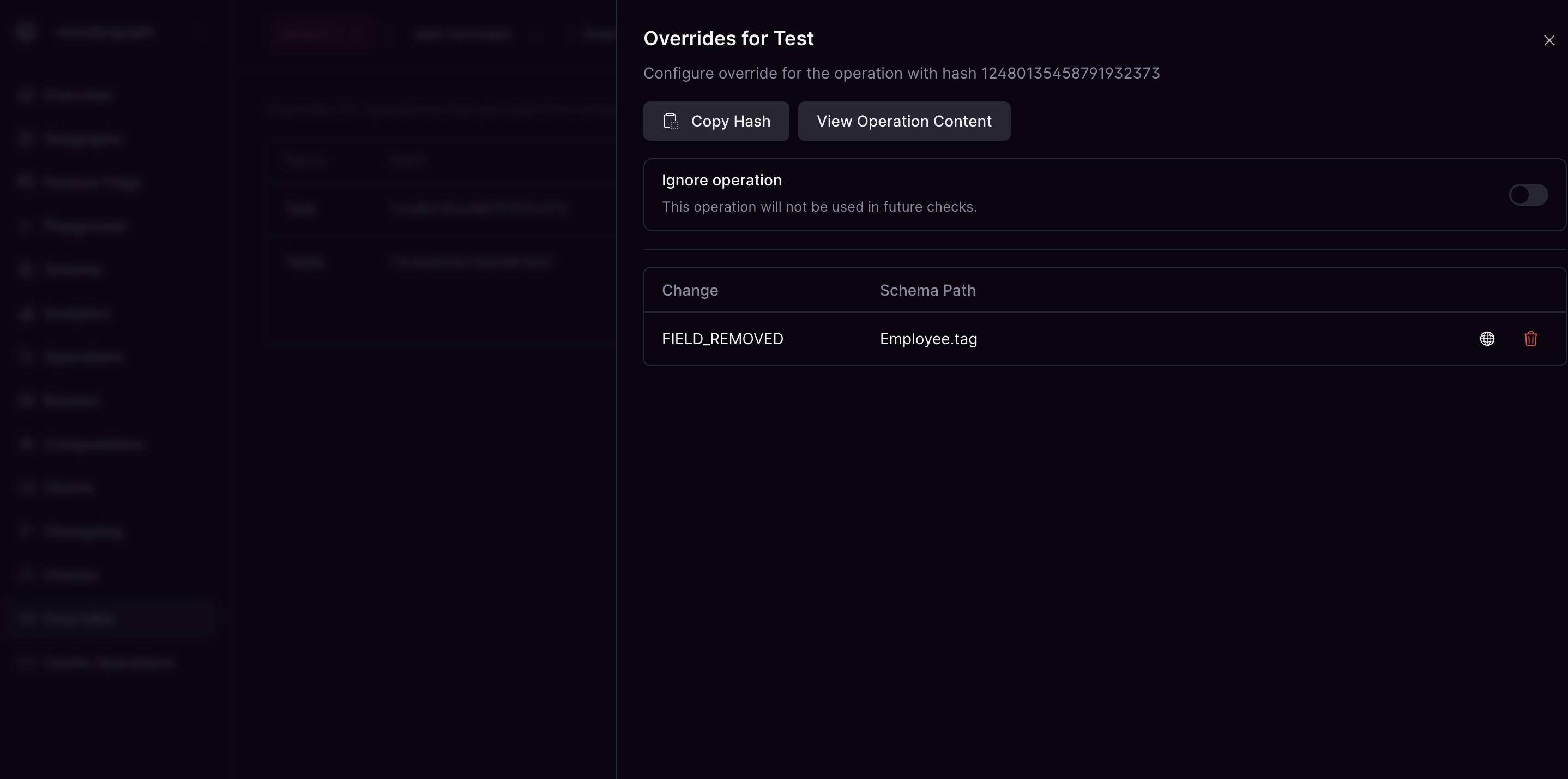 Operation overrides configuration Overrides configuration with ignore operation toggle and change overrides list