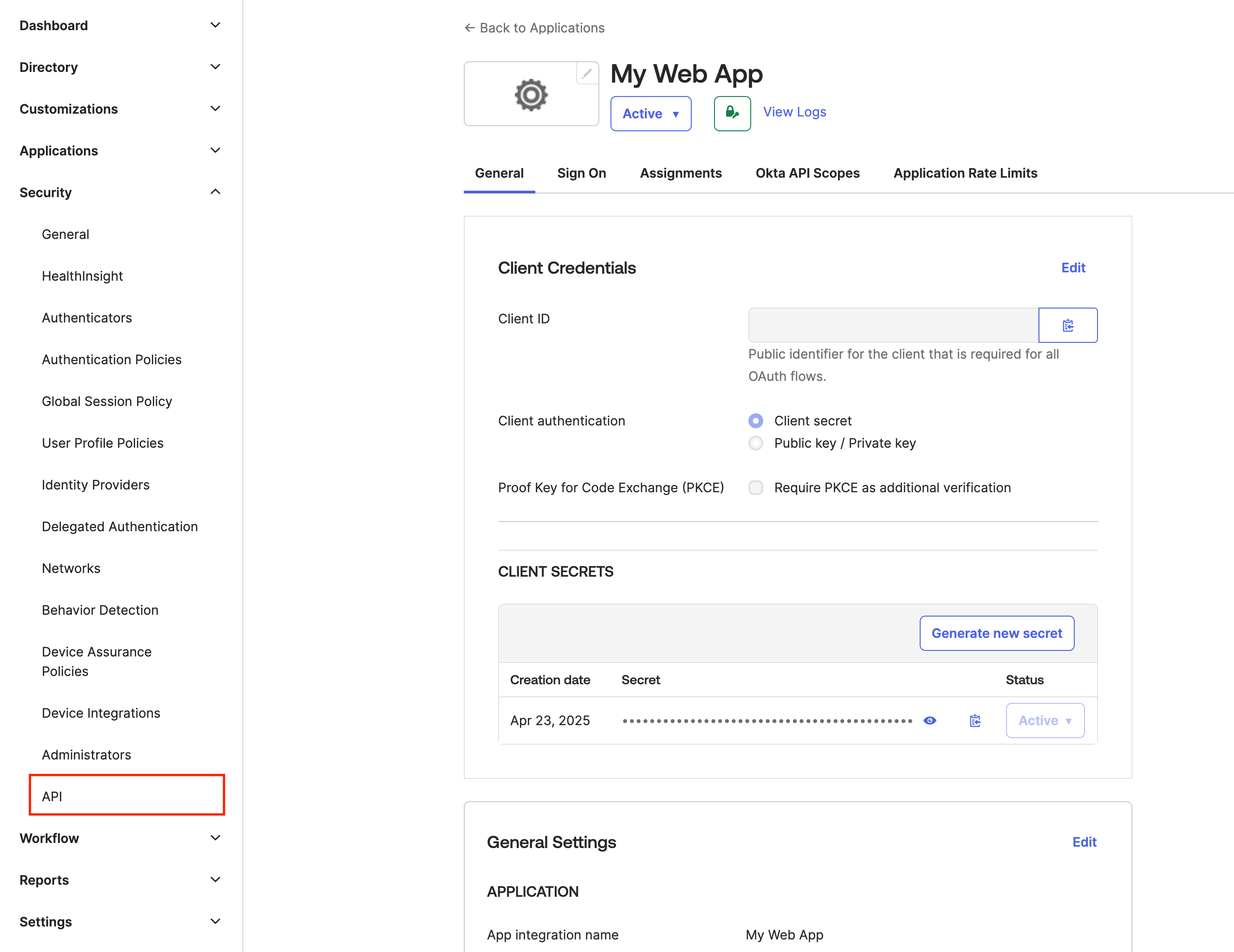 Edit client credentials for web app Client Credentials section editing client ID and authentication settings