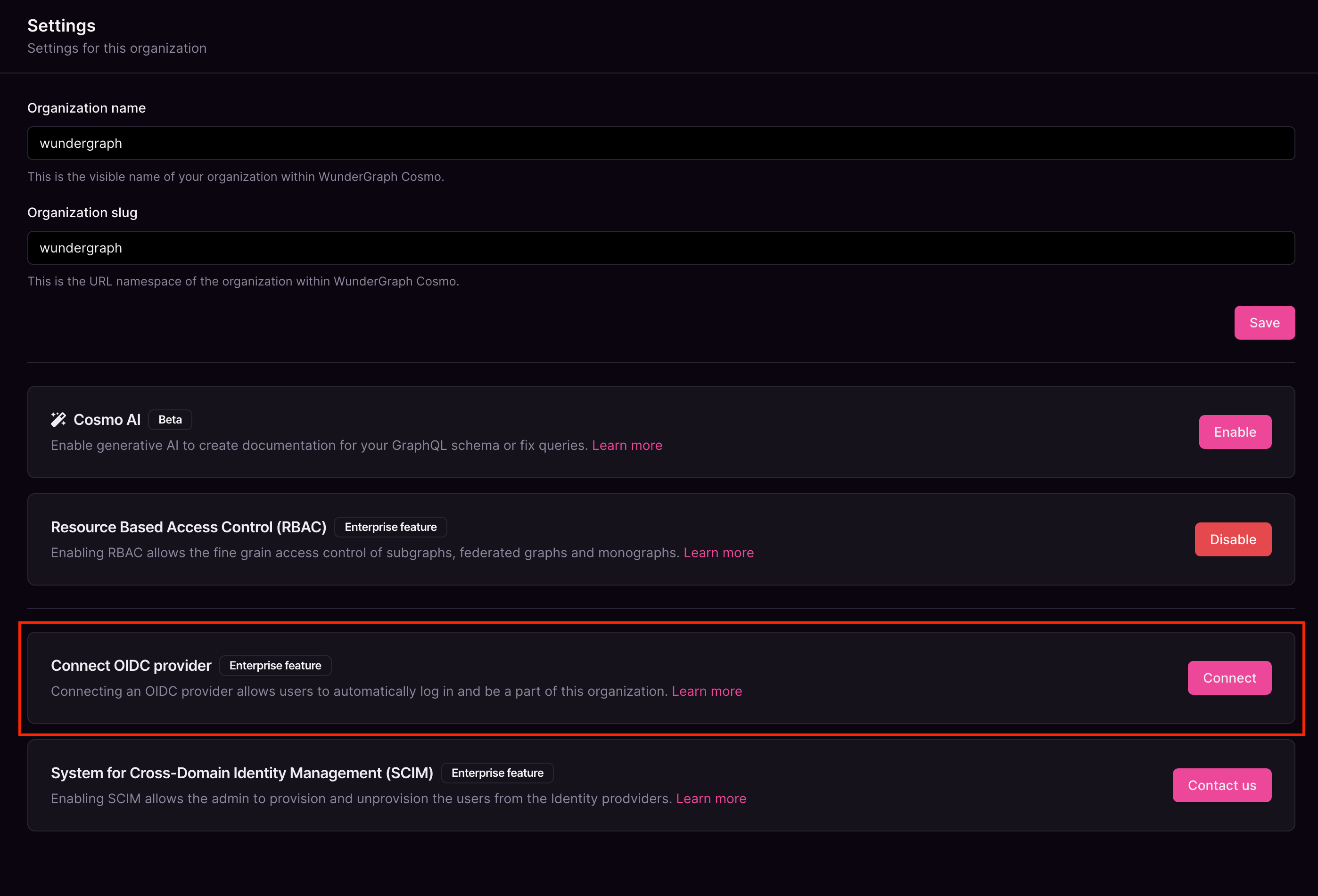 Organization settings with AI, RBAC, SCIM Organization settings showing name, slug, and status of AI, RBAC, and SCIM features