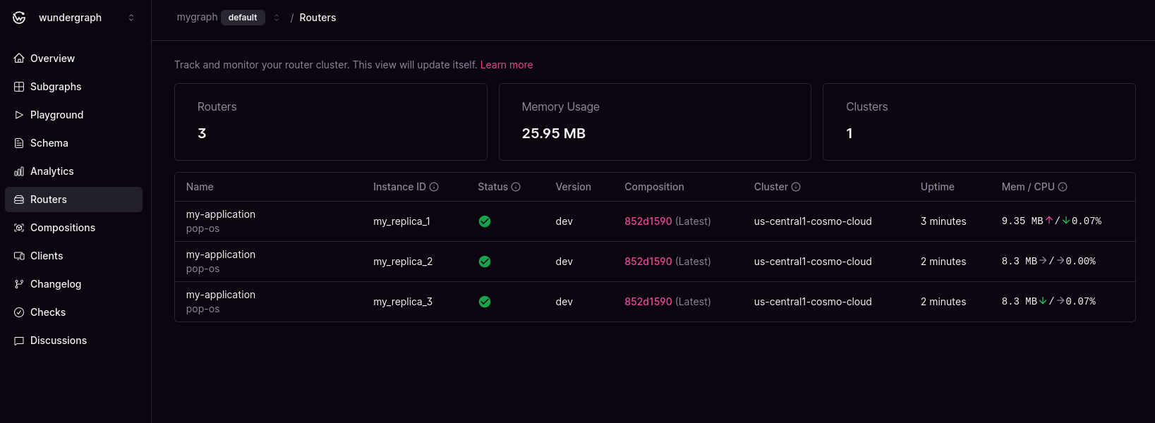 Router cluster with memory stats Router cluster view showing 3 routers, memory usage, and cluster details