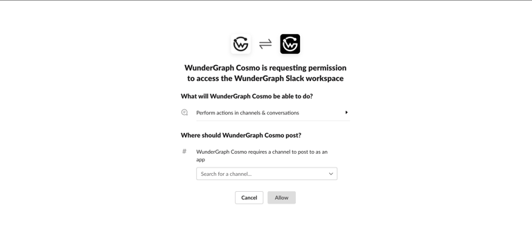 Slack access request for WunderGraph Cosmo WunderGraph Cosmo requesting access to Slack workspace with permission options